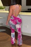 Blue Sexy Casual Print Tie Dye Backless U Neck Regular Jumpsuits