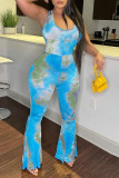 Yellow Sexy Casual Print Tie Dye Backless U Neck Regular Jumpsuits