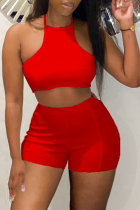 Red Sexy Solid Hollowed Out Halter Sleeveless Two Pieces