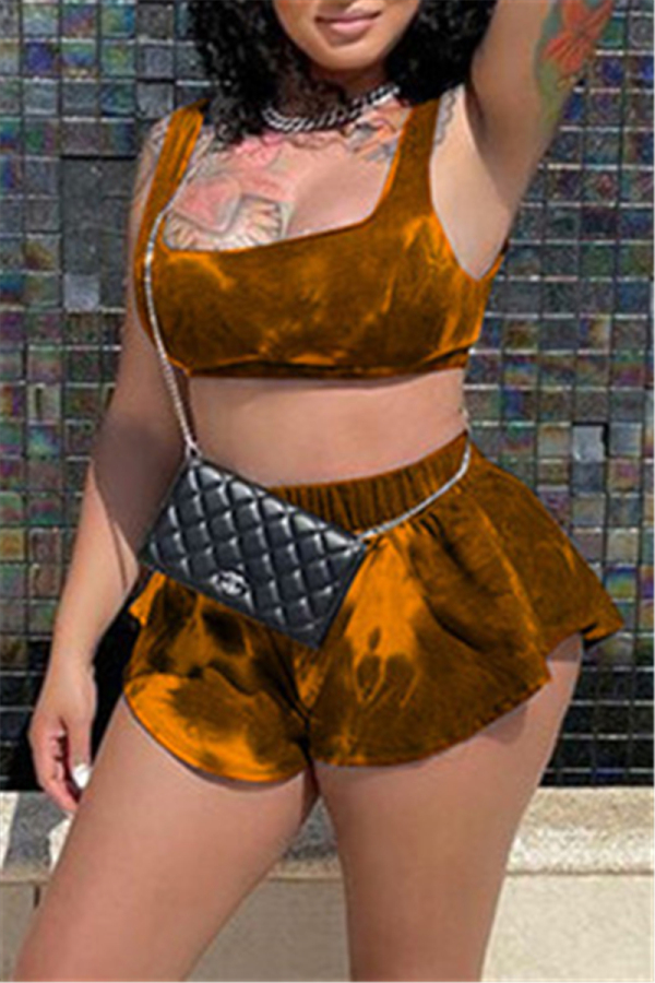 Orange Fashion Sexy Solid Vests U Neck Sleeveless Two Pieces