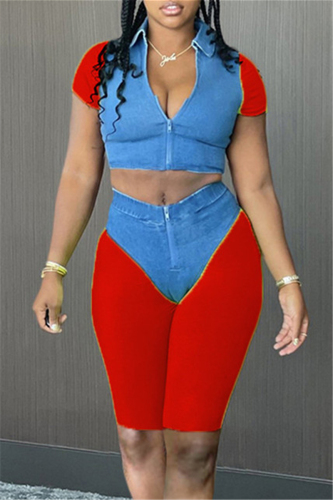 Red Fashion Casual Patchwork Basic Turndown Collar Short Sleeve Two Pieces