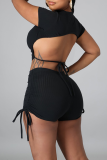 Black Casual Solid Backless Half A Turtleneck Short Sleeve Two Pieces