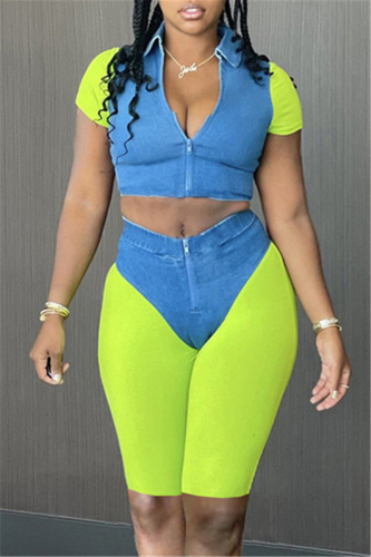 Fluorescent Green Fashion Casual Patchwork Basic Turndown Collar Short Sleeve Two Pieces
