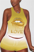 Yellow Fashion Sexy Lips Print Vest Shorts Set