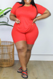 Watermelon Red Fashion Casual Solid Basic O Neck Plus Size Two Pieces