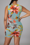 Light Green Sexy Print Hollowed Out O Neck Pencil Skirt Dresses