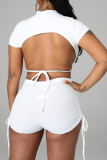 White Casual Solid Backless Half A Turtleneck Short Sleeve Two Pieces