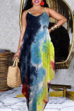 Blue Fashion Casual Print Tie Dye Backless Spaghetti Strap Sleeveless Dress