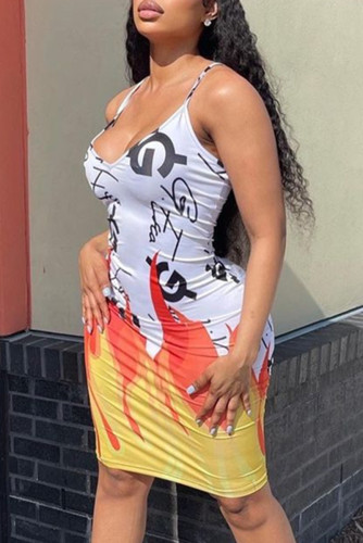 White Fashion Sexy Print Backless Spaghetti Strap Sleeveless Dress Dresses
