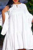 White Fashion Casual Solid Basic O Neck Long Sleeve Dresses