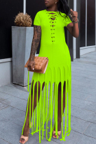 Fluorescent Green Fashion Sexy Solid Tassel O Neck Short Sleeve Dress