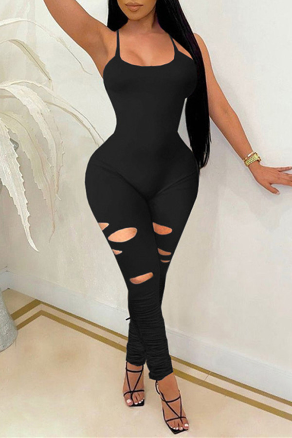 Black Sexy Casual Solid Ripped Fold Spaghetti Strap Skinny Jumpsuits
