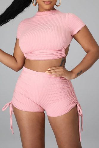 Pink Casual Solid Backless Half A Turtleneck Short Sleeve Two Pieces