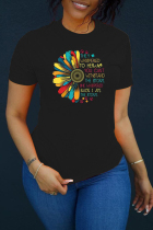 Black Fashion Casual Print Basic O Neck T-Shirts