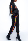 Black Stylish Casual Letter Print Hooded Two-Piece Set