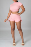 Pink Casual Solid Backless Half A Turtleneck Short Sleeve Two Pieces