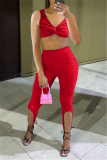 Red Fashion Sexy Solid Asymmetrical V Neck Sleeveless Two Pieces
