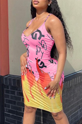 Pink Fashion Sexy Print Backless Spaghetti Strap Sleeveless Dress Dresses