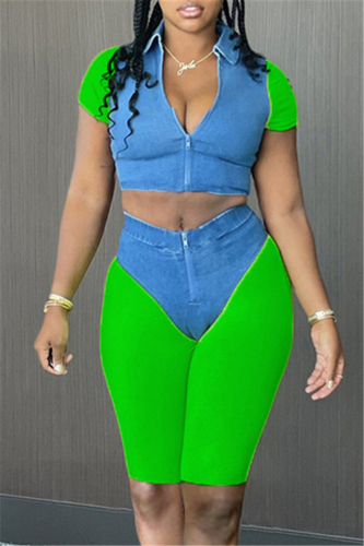 Green Fashion Casual Patchwork Basic Turndown Collar Short Sleeve Two Pieces