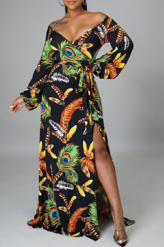 Black Casual Print Draw String V Neck Cake Skirt Dresses
