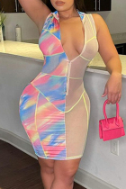 Pink Fashion Sexy Print Split Joint See-through Zipper Collar Sleeveless Dress