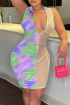 Fluorescent Green Fashion Sexy Print Split Joint See-through Zipper Collar Sleeveless Dress