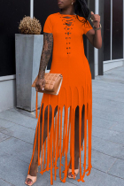 Orange Fashion Sexy Solid Tassel O Neck Short Sleeve Dress