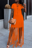 Orange Fashion Sexy Solid Tassel O Neck Short Sleeve Dress