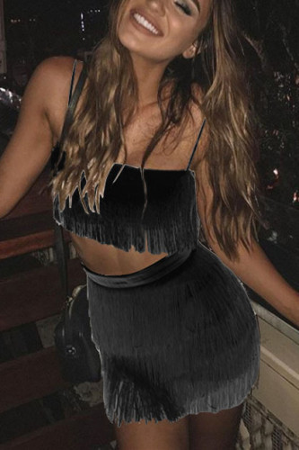 Black Sexy Sling Bag Hip Tassel Two-Piece Set