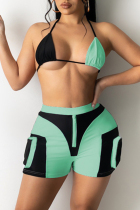 Green Sexy Patchwork Backless Halter Sleeveless Two Pieces
