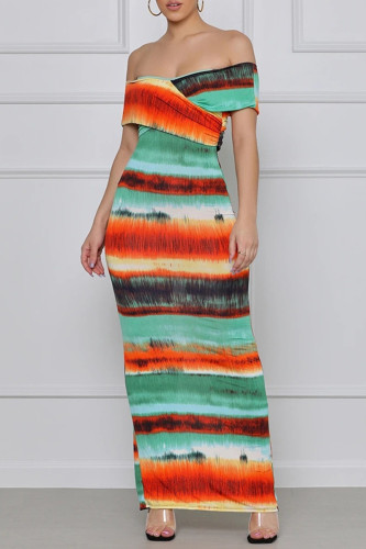Colour Fashion Sexy Print Backless Slit Off the Shoulder Short Sleeve Dress
