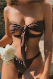 Deep Coffee Fashion Sexy Solid Hollowed Out Backless Swimwears