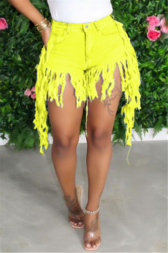 Yellow Fashion Sexy Mid Waist Tassel Denim Shorts