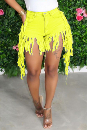 Yellow Fashion Sexy Mid Waist Tassel Denim Shorts