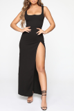 Black Sexy Solid High Opening U Neck Pencil Skirt Dresses