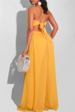 Yellow Sexy Casual Solid Backless V Neck Regular Jumpsuits