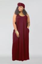 Wine Red Sexy adult Fashion Off The Shoulder Sleeveless O neck A-Line Ankle-Length Solid Print band