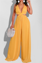 Yellow Sexy Casual Solid Backless V Neck Regular Jumpsuits