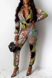 Royal blue Sexy Print Button Long Sleeve O Neck Jumpsuits