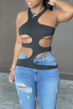 Black Fashion Sexy Solid Hollowed Out Backless O Neck Tops