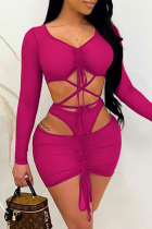 Rose Red Fashion Sexy Solid Hollowed Out Strap Design V Neck Long Sleeve Two Pieces
