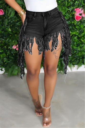 Black Fashion Sexy Mid Waist Tassel Denim Shorts