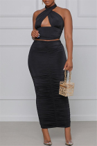 Black Sexy Solid Hollowed Out Backless Fold Halter Sleeveless Two Pieces