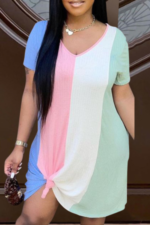 Multicolor Casual Striped Patchwork V Neck Straight Dresses