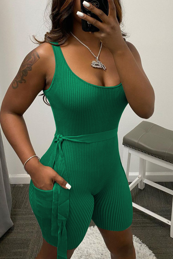 Green Casual Solid Backless O Neck Sleeveless Skinny Jumpsuits
