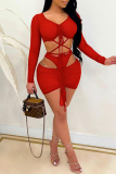 Red Fashion Sexy Solid Hollowed Out Strap Design V Neck Long Sleeve Two Pieces