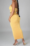 Yellow Sexy Solid Hollowed Out Backless Fold Halter Sleeveless Two Pieces