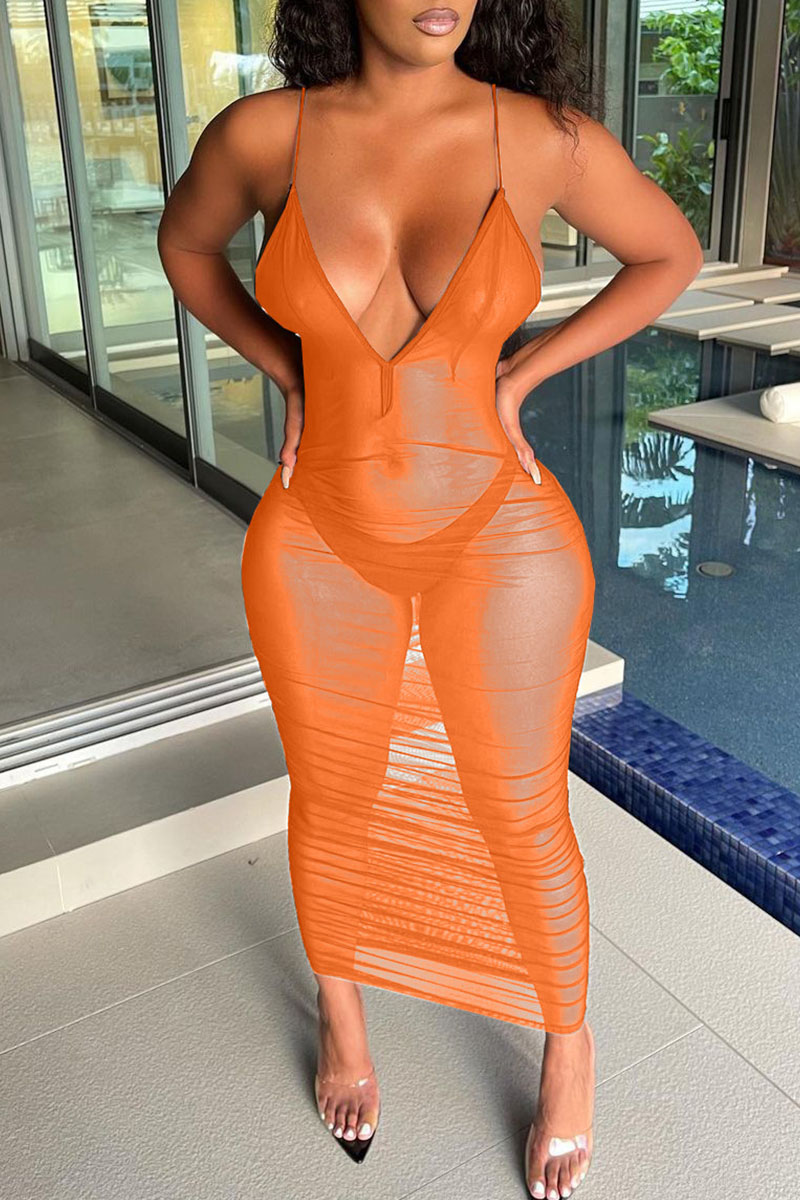 

Orange Sexy Solid See-through Backless Spaghetti Strap Sleeveless Dress