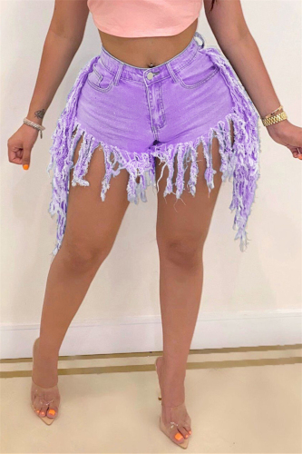 Purple Fashion Sexy Mid Waist Tassel Denim Shorts