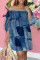 Blue Fashion Casual Print Backless Off the Shoulder Printed Dress